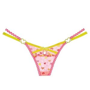 NWT For Love And Lemons Tossed Heart Embroidery Thong Panty Neon